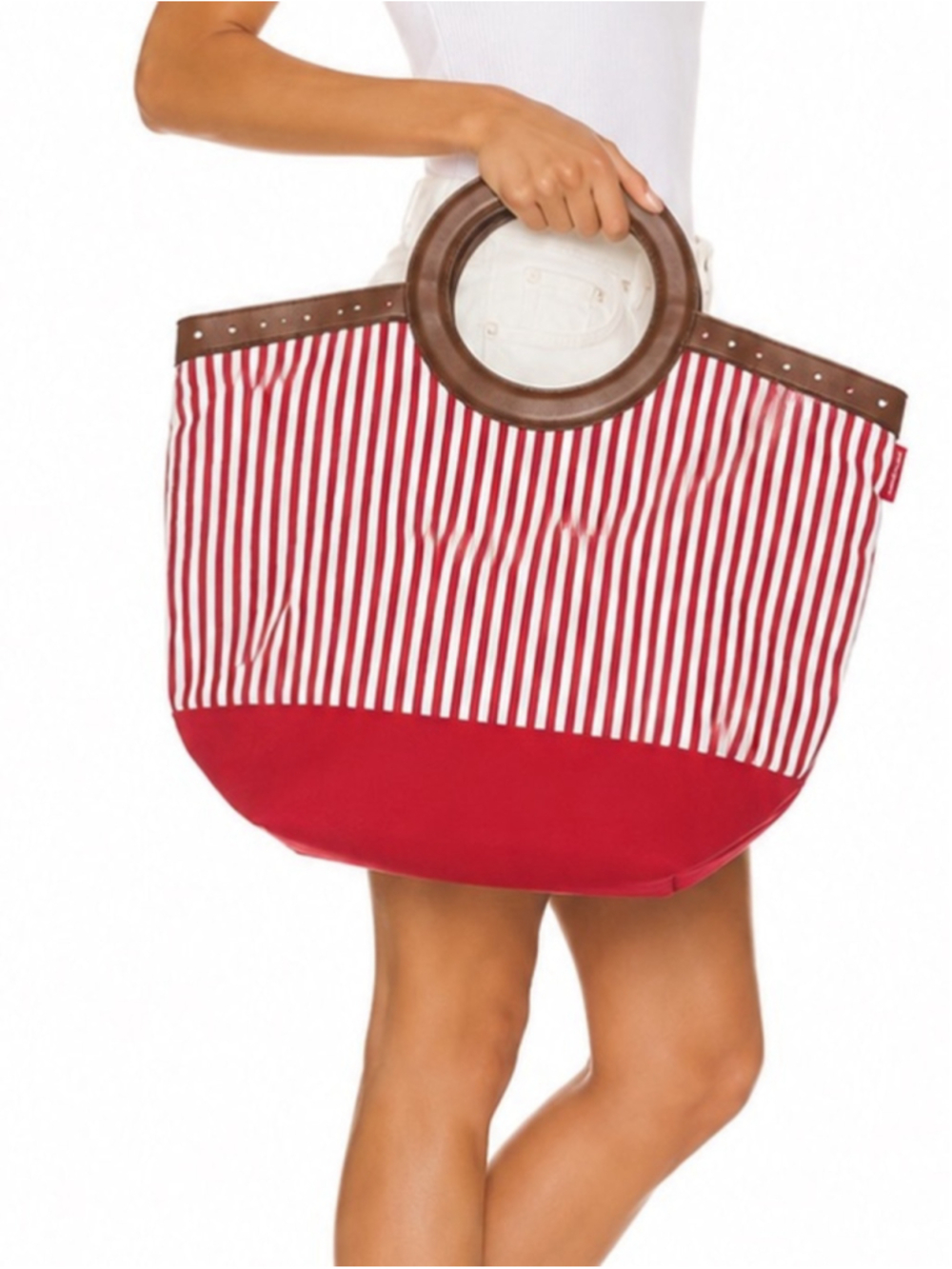 Bloomingdale's Red & White Striped Tote with Brown Round Handles
